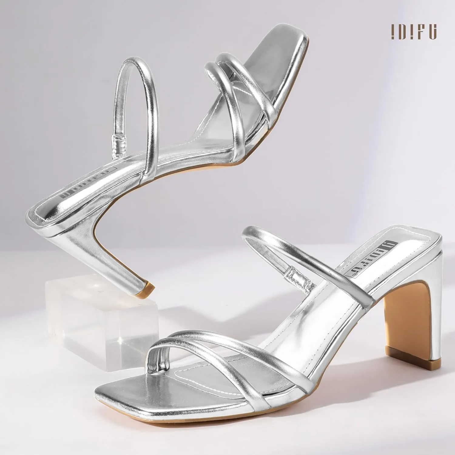 IDIFU IN3 Strappy Heels High Chunky Block Square Open Toe Slip On Slide Heels Mules Wedding Bridal Bride Prom Party Dress Shoes for Women Dressy Comfortable Cute Fashion Trendy Heeled Sandals