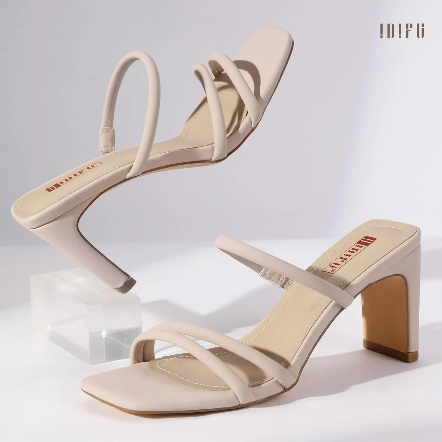 IDIFU IN3 Strappy Heels High Chunky Block Square Open Toe Slip On Slide Heels Mules Wedding Bridal Bride Prom Party Dress Shoes for Women Dressy Comfortable Cute Fashion Trendy Heeled Sandals