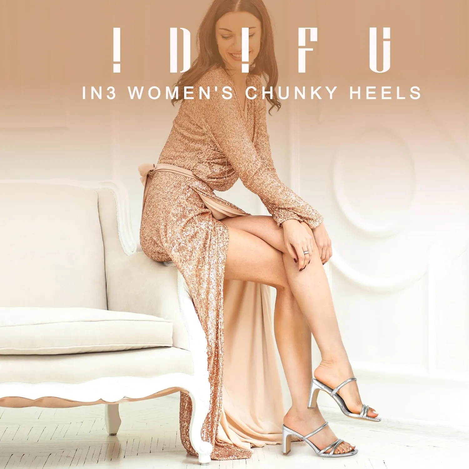 IDIFU IN3 Strappy Heels High Chunky Block Square Open Toe Slip On Slide Heels Mules Wedding Bridal Bride Prom Party Dress Shoes for Women Dressy Comfortable Cute Fashion Trendy Heeled Sandals