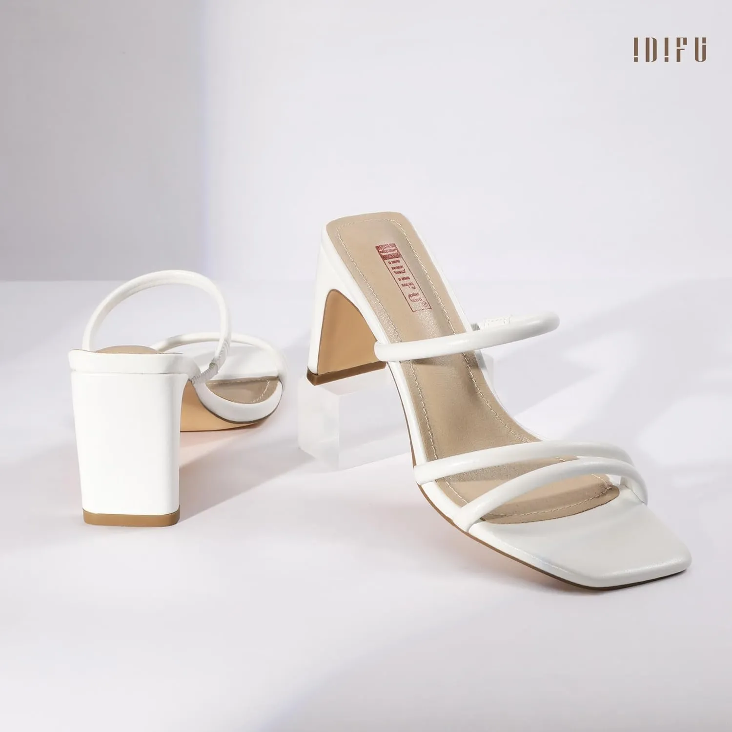 IDIFU IN3 Strappy Heels High Chunky Block Square Open Toe Slip On Slide Heels Mules Wedding Bridal Bride Prom Party Dress Shoes for Women Dressy Comfortable Cute Fashion Trendy Heeled Sandals