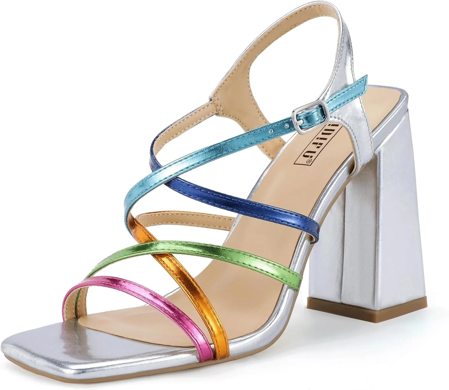 IDIFU IN4 High Strappy Heels Chunky Block Colorful Multicolor Dress Shoes for Women Bride Wedding Summer Prom Party Heeled Sandals Dressy Comfortable Sexy Cute Trendy Fun Square Open Toe Heels