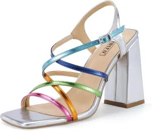 IDIFU IN4 High Strappy Heels Chunky Block Colorful Multicolor Dress Shoes for Women Bride Wedding Summer Prom Party Heeled Sandals Dressy Comfortable Sexy Cute Trendy Fun Square Open Toe Heels