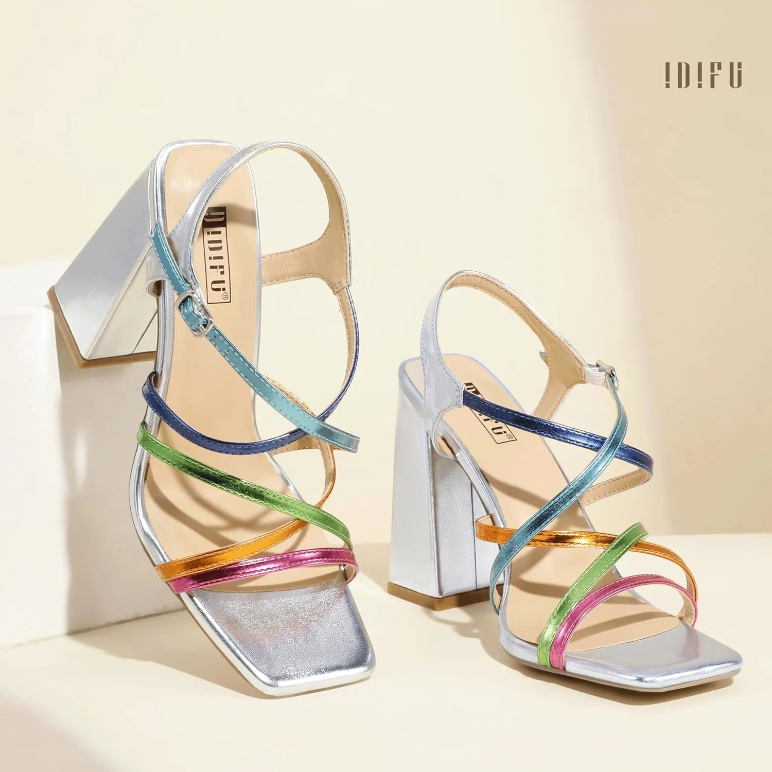 IDIFU IN4 High Strappy Heels Chunky Block Colorful Multicolor Dress Shoes for Women Bride Wedding Summer Prom Party Heeled Sandals Dressy Comfortable Sexy Cute Trendy Fun Square Open Toe Heels