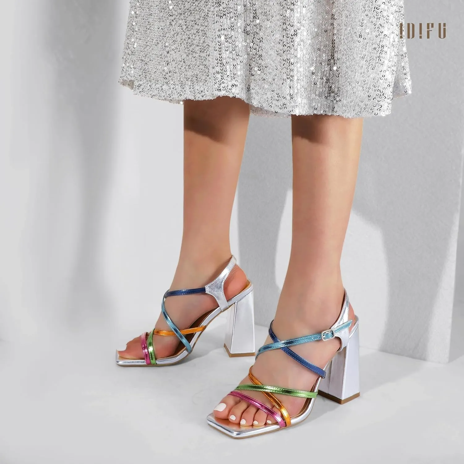 IDIFU IN4 High Strappy Heels Chunky Block Colorful Multicolor Dress Shoes for Women Bride Wedding Summer Prom Party Heeled Sandals Dressy Comfortable Sexy Cute Trendy Fun Square Open Toe Heels