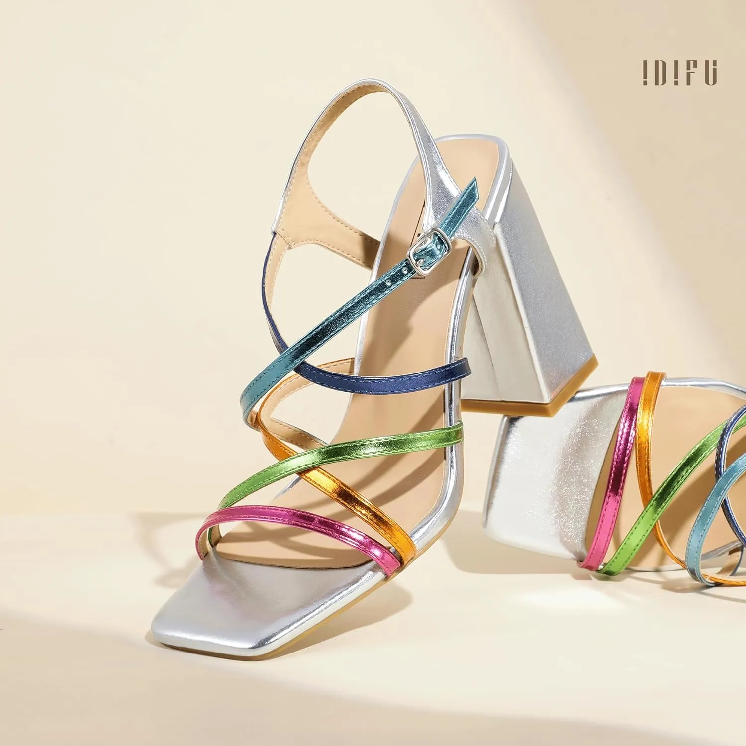 IDIFU IN4 High Strappy Heels Chunky Block Colorful Multicolor Dress Shoes for Women Bride Wedding Summer Prom Party Heeled Sandals Dressy Comfortable Sexy Cute Trendy Fun Square Open Toe Heels