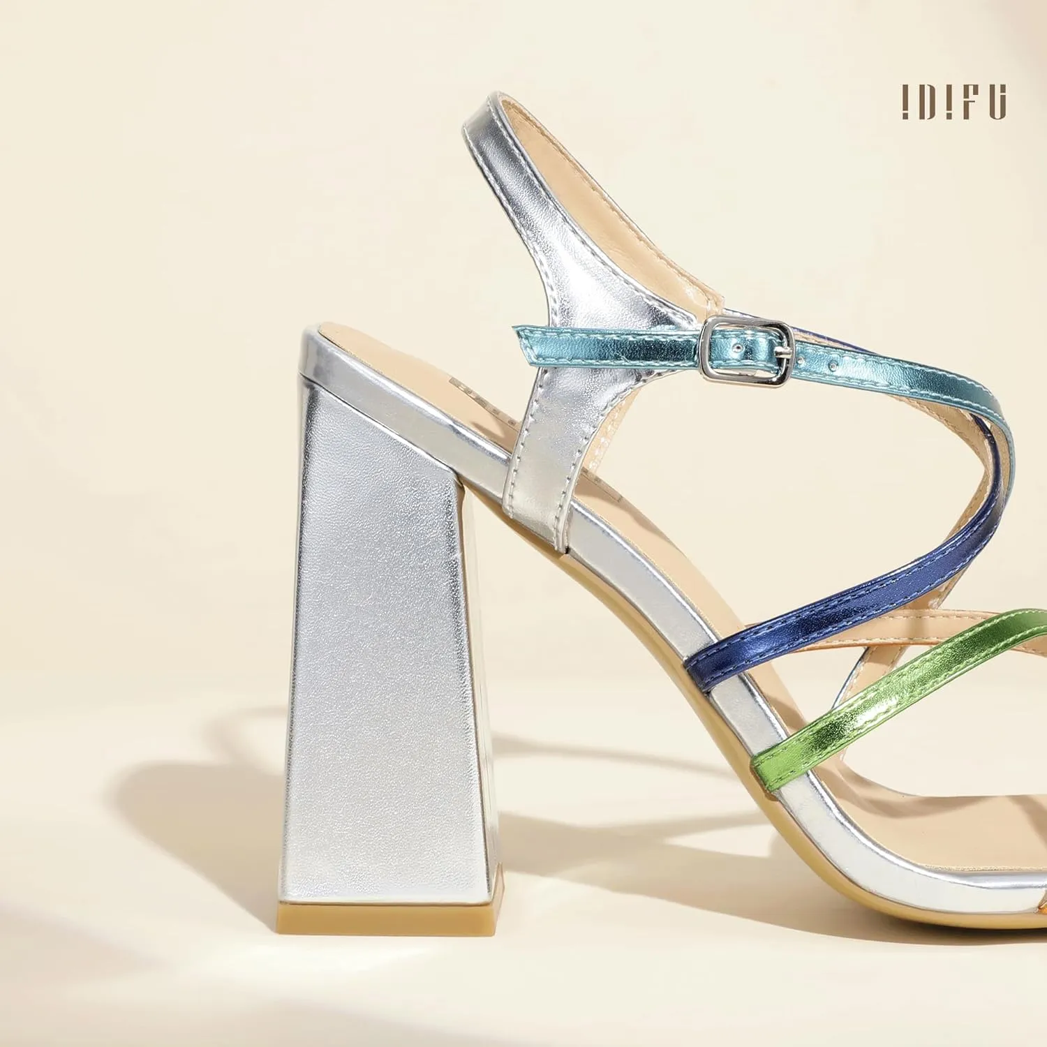 IDIFU IN4 High Strappy Heels Chunky Block Colorful Multicolor Dress Shoes for Women Bride Wedding Summer Prom Party Heeled Sandals Dressy Comfortable Sexy Cute Trendy Fun Square Open Toe Heels