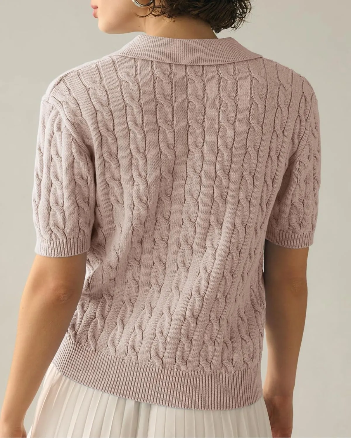 Imily Bela Women's Cable Short Sleeve Sweaters Tops Solid Lapel V Neck Knit Casual Soft Pullover Shirt