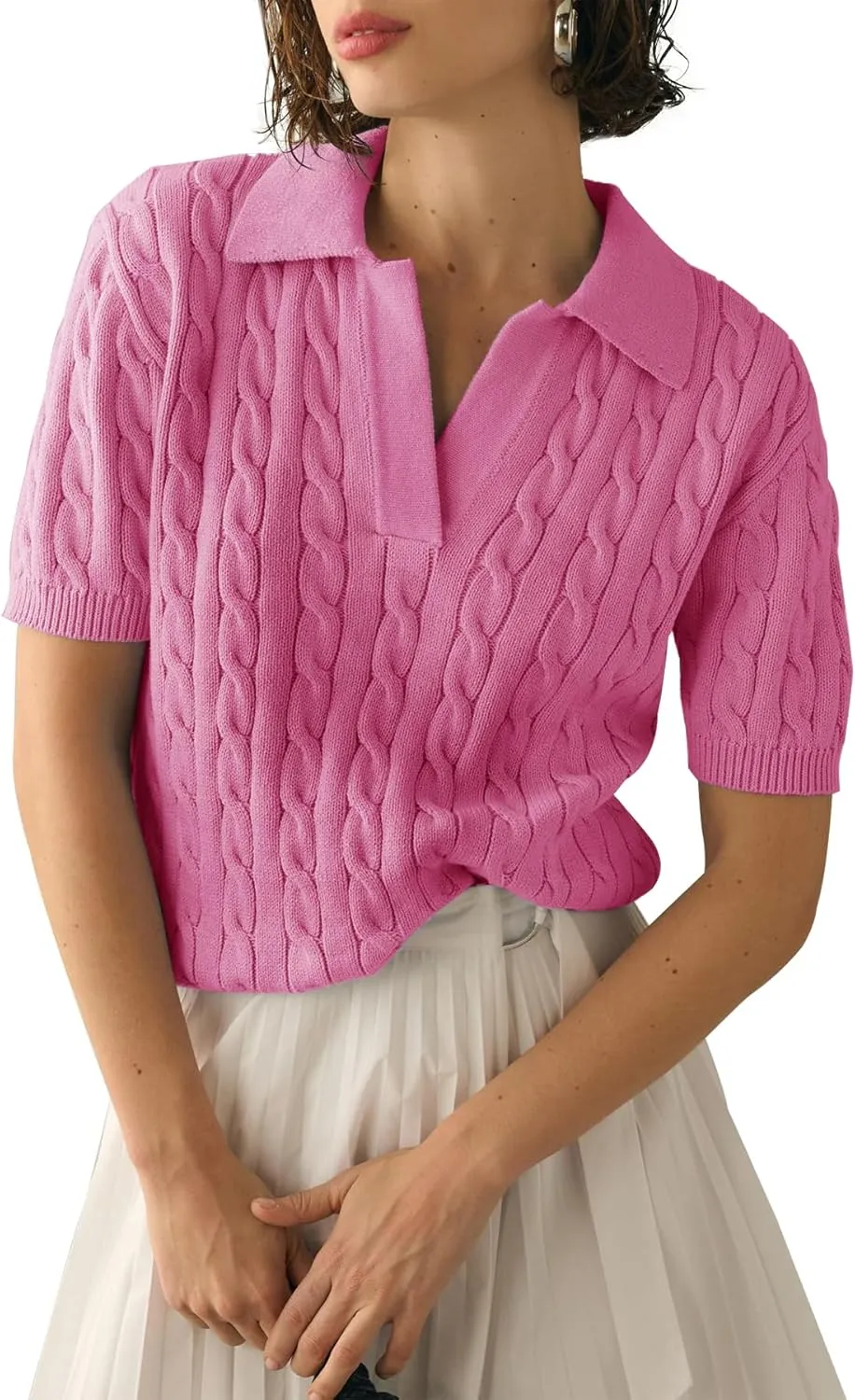 Imily Bela Women's Cable Short Sleeve Sweaters Tops Solid Lapel V Neck Knit Casual Soft Pullover Shirt