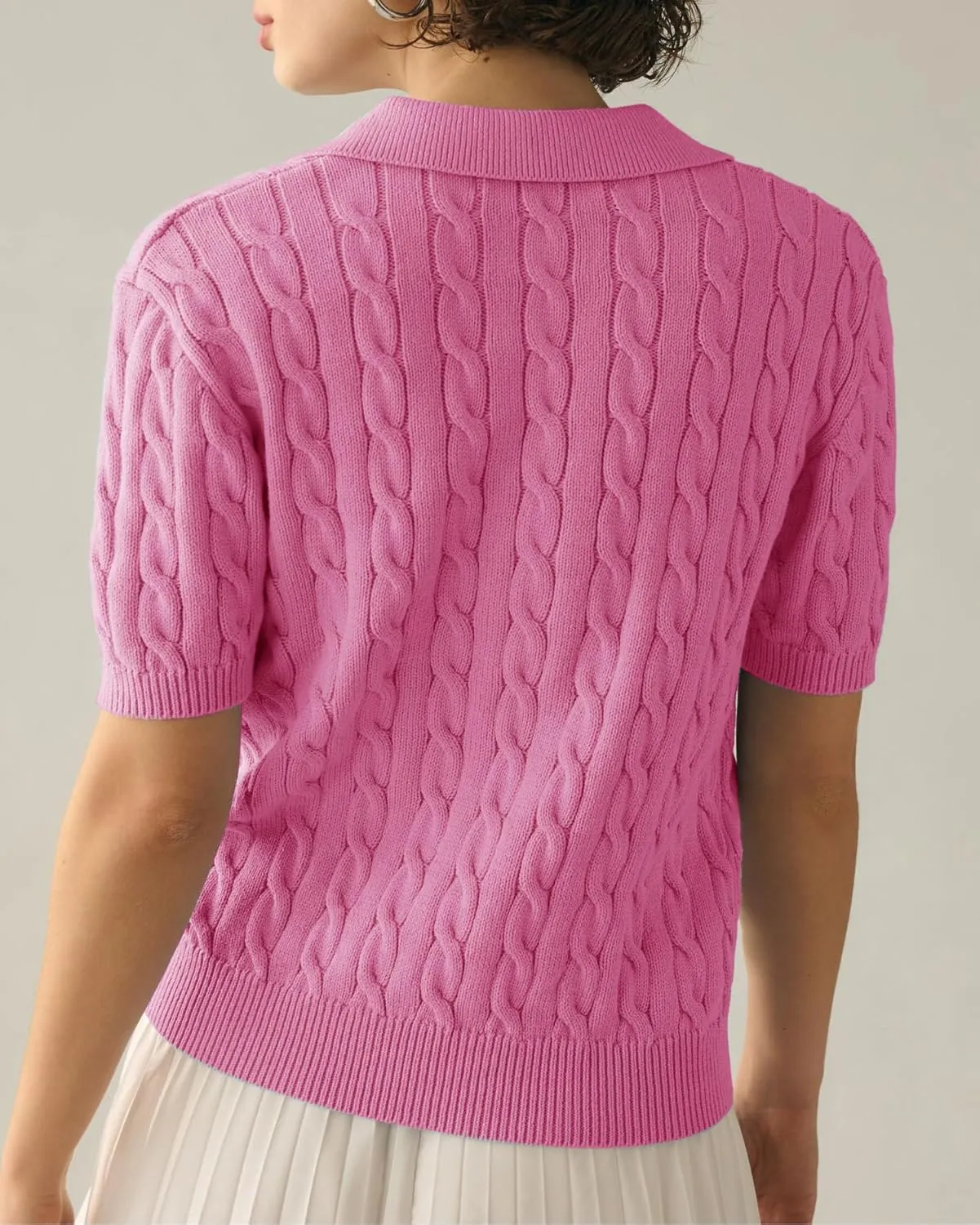 Imily Bela Women's Cable Short Sleeve Sweaters Tops Solid Lapel V Neck Knit Casual Soft Pullover Shirt