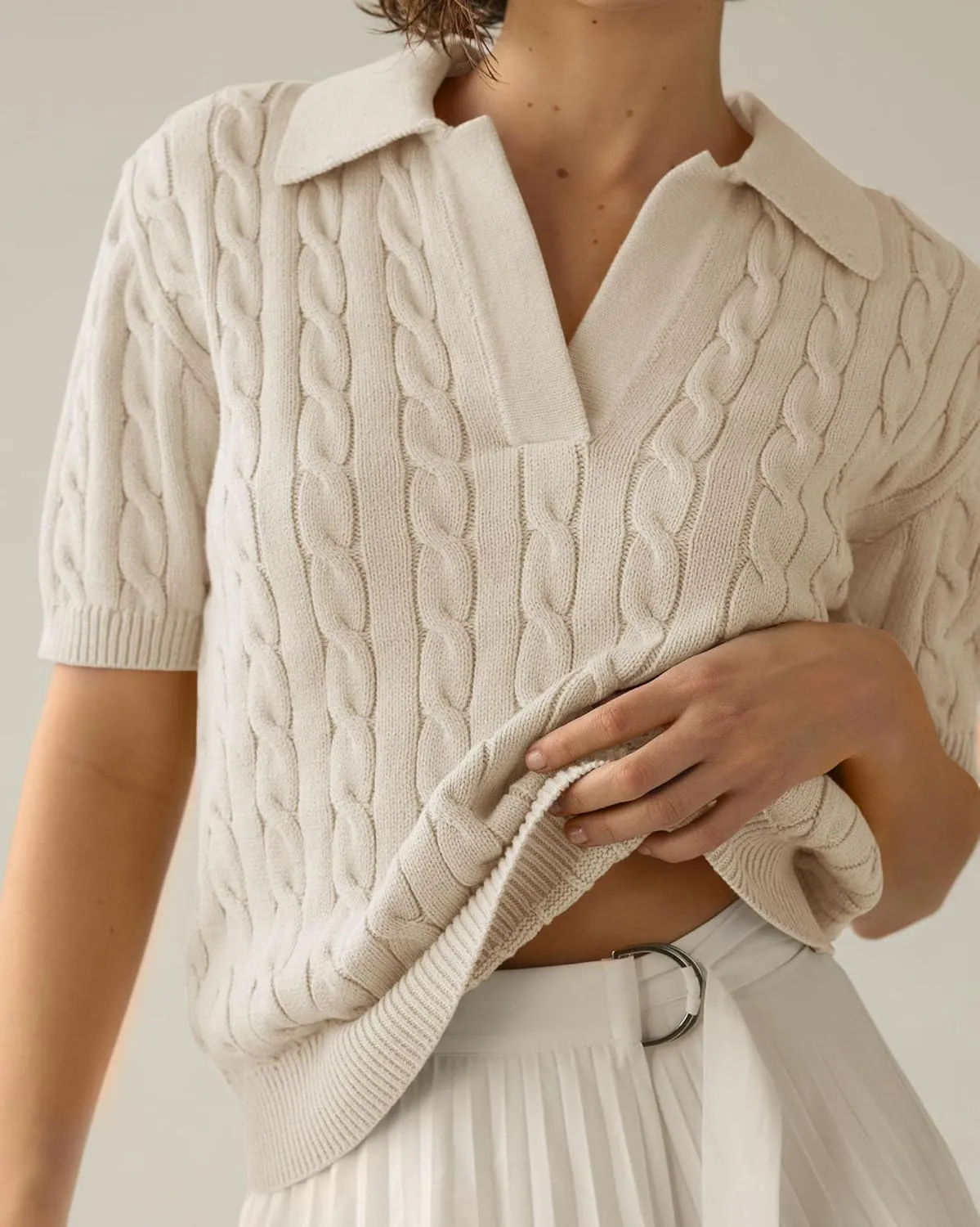 Imily Bela Women's Cable Short Sleeve Sweaters Tops Solid Lapel V Neck Knit Casual Soft Pullover Shirt