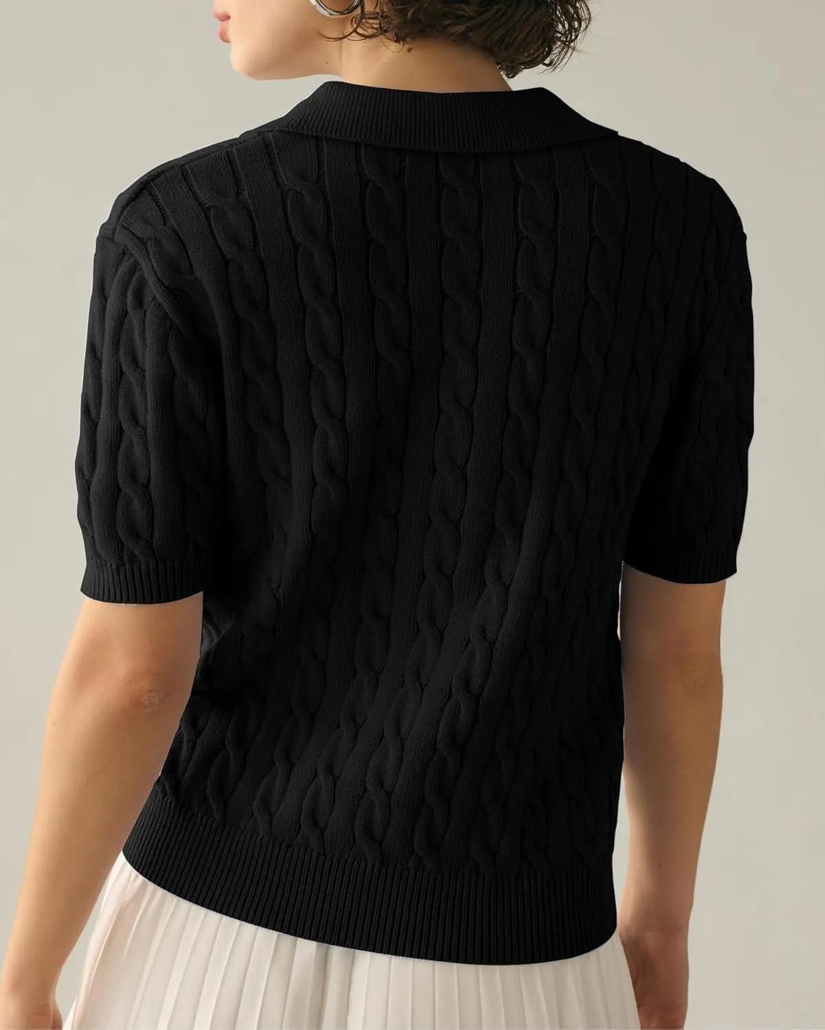Imily Bela Women's Cable Short Sleeve Sweaters Tops Solid Lapel V Neck Knit Casual Soft Pullover Shirt