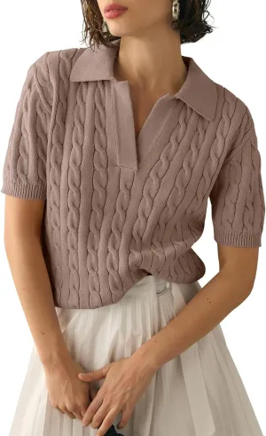Imily Bela Women's Cable Short Sleeve Sweaters Tops Solid Lapel V Neck Knit Casual Soft Pullover Shirt