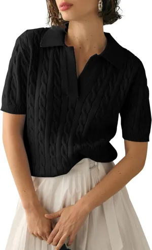 Imily Bela Women's Cable Short Sleeve Sweaters Tops Solid Lapel V Neck Knit Casual Soft Pullover Shirt