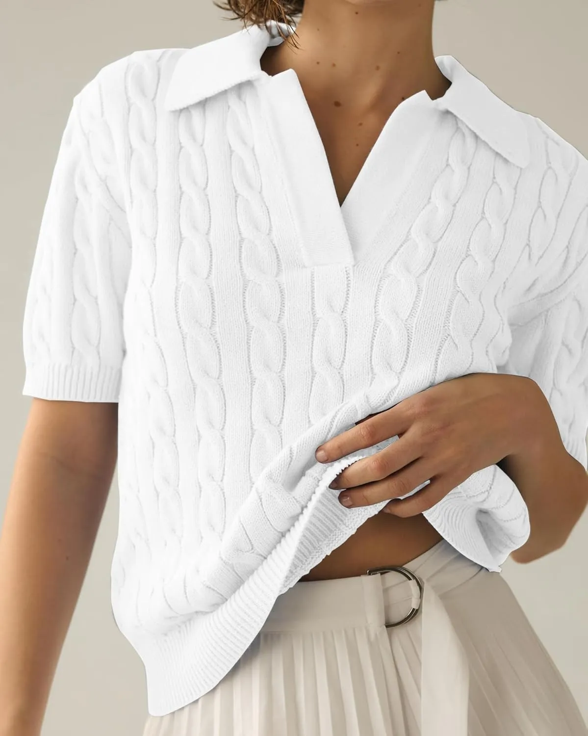 Imily Bela Women's Cable Short Sleeve Sweaters Tops Solid Lapel V Neck Knit Casual Soft Pullover Shirt