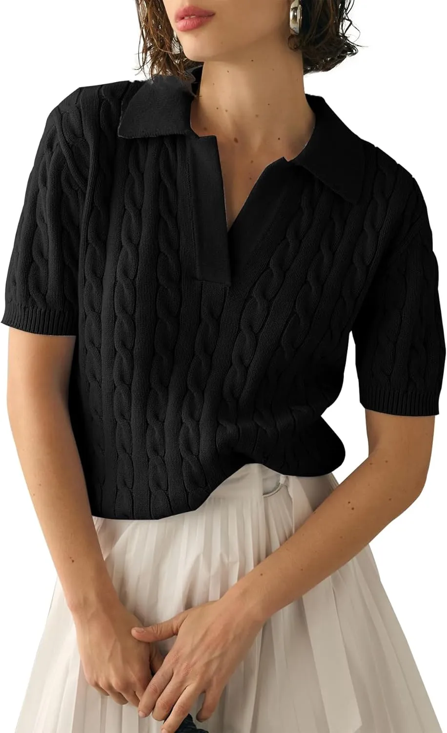 Imily Bela Women's Cable Short Sleeve Sweaters Tops Solid Lapel V Neck Knit Casual Soft Pullover Shirt