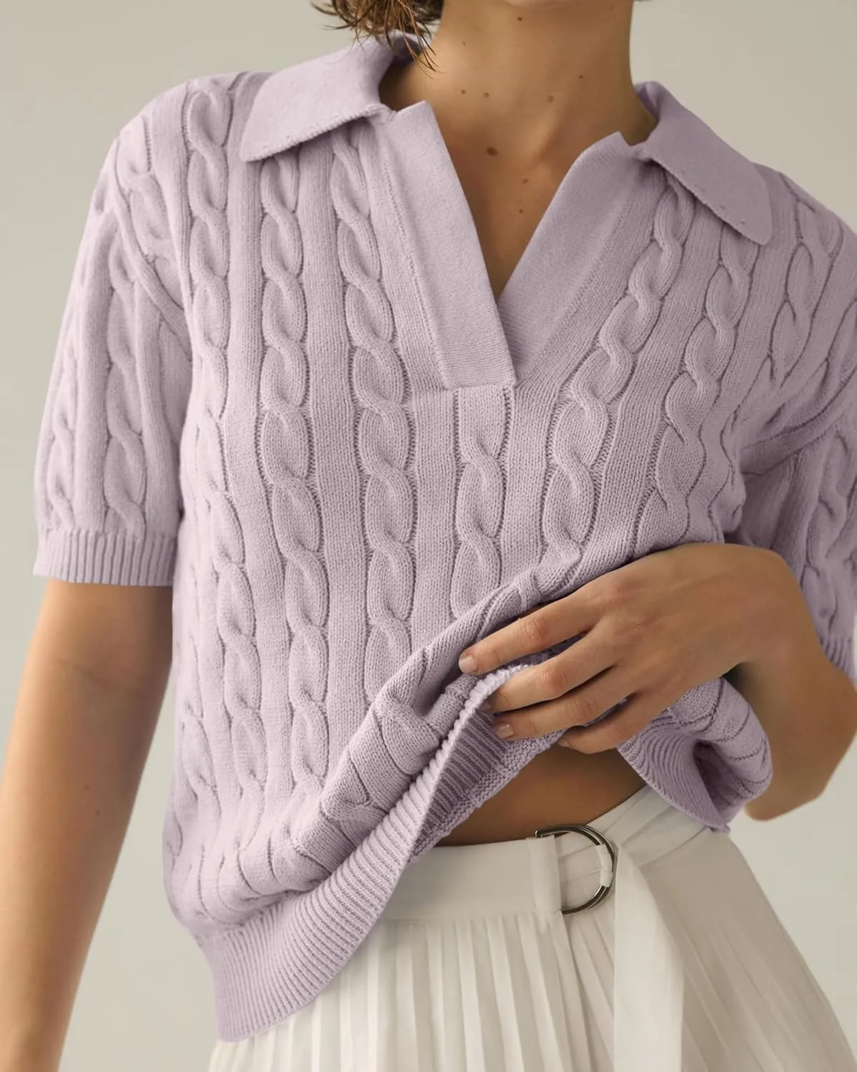 Imily Bela Women's Cable Short Sleeve Sweaters Tops Solid Lapel V Neck Knit Casual Soft Pullover Shirt
