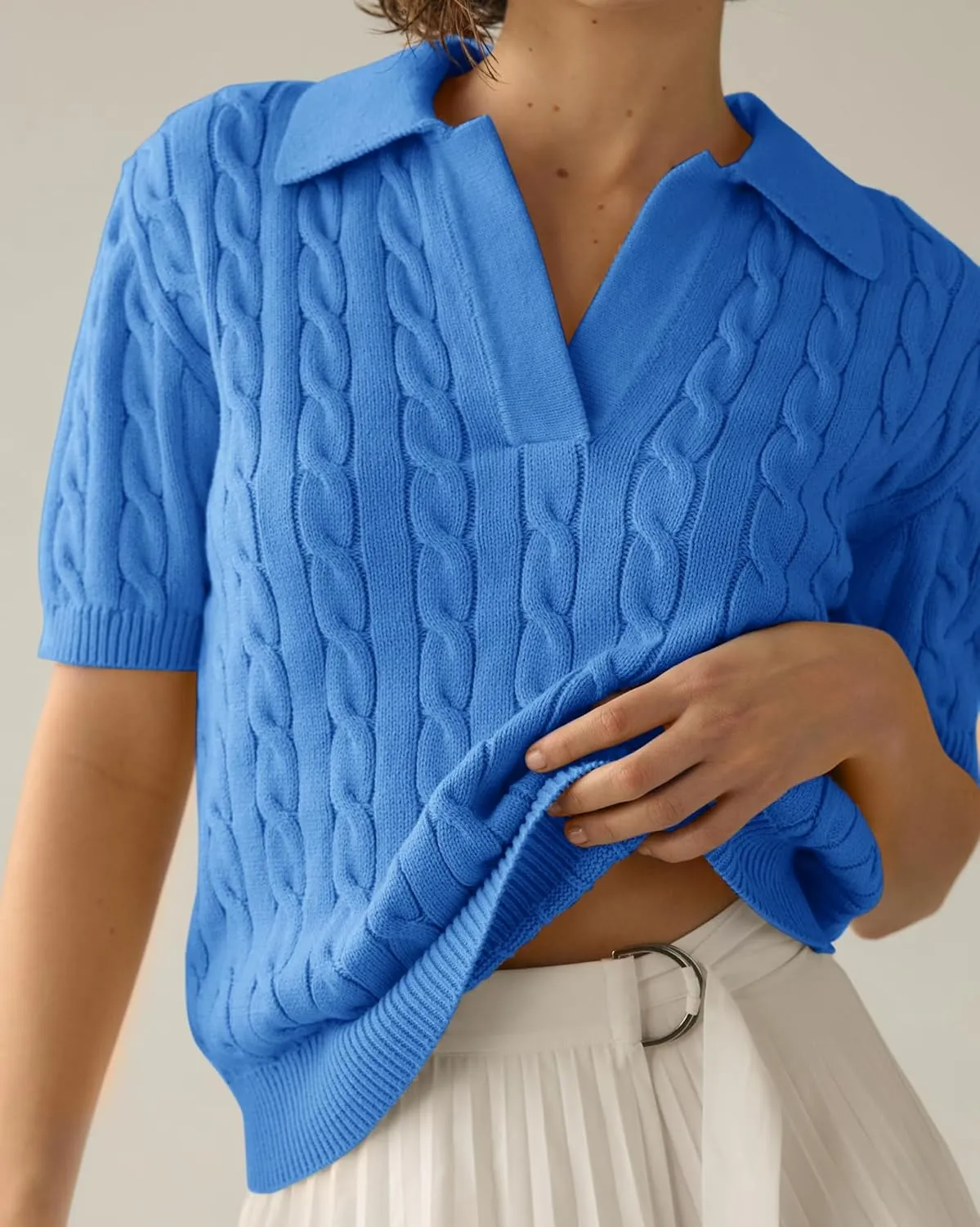 Imily Bela Women's Cable Short Sleeve Sweaters Tops Solid Lapel V Neck Knit Casual Soft Pullover Shirt