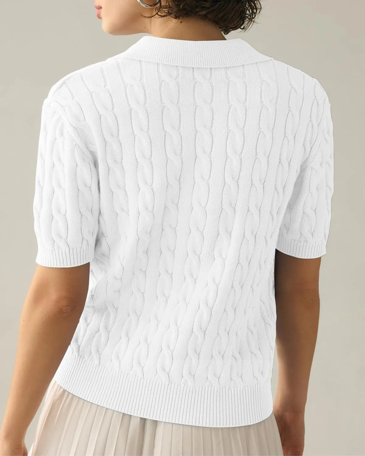 Imily Bela Women's Cable Short Sleeve Sweaters Tops Solid Lapel V Neck Knit Casual Soft Pullover Shirt