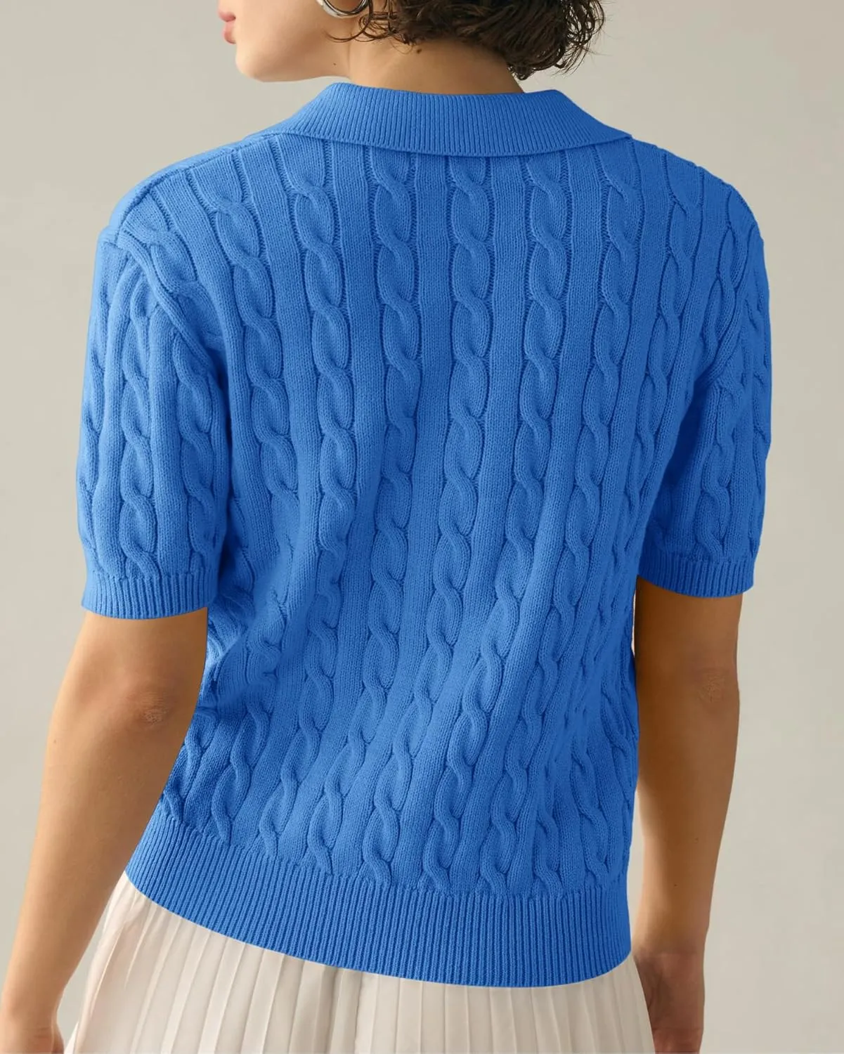 Imily Bela Women's Cable Short Sleeve Sweaters Tops Solid Lapel V Neck Knit Casual Soft Pullover Shirt