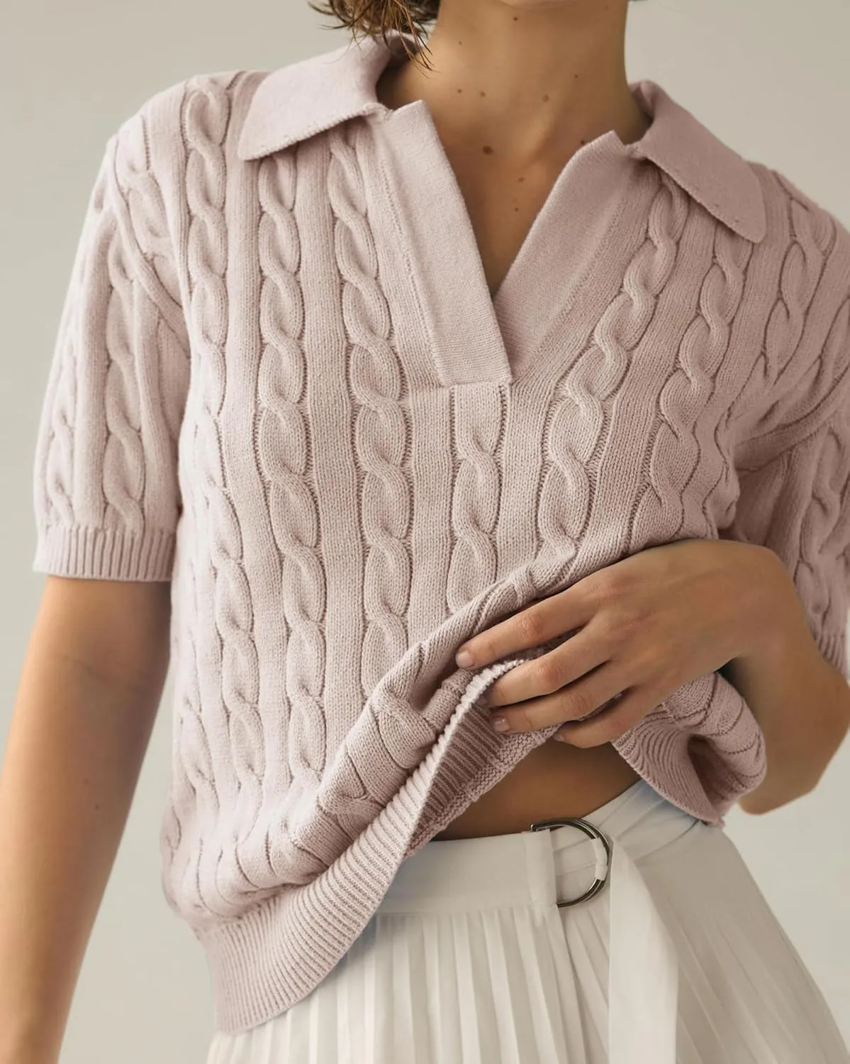 Imily Bela Women's Cable Short Sleeve Sweaters Tops Solid Lapel V Neck Knit Casual Soft Pullover Shirt