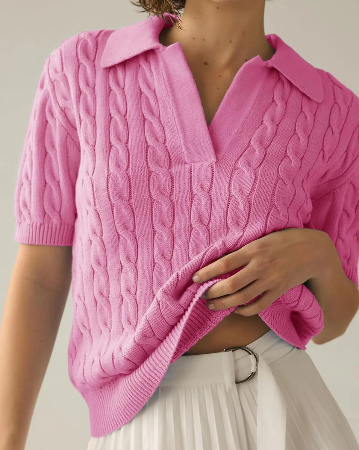 Imily Bela Women's Cable Short Sleeve Sweaters Tops Solid Lapel V Neck Knit Casual Soft Pullover Shirt