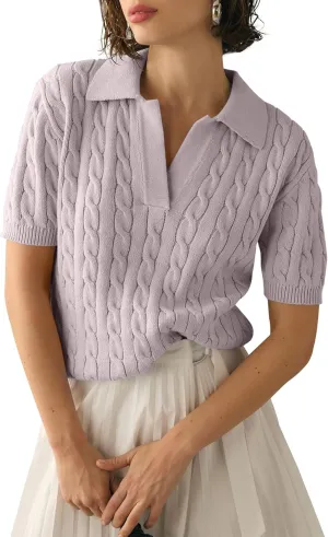 Imily Bela Women's Cable Short Sleeve Sweaters Tops Solid Lapel V Neck Knit Casual Soft Pullover Shirt
