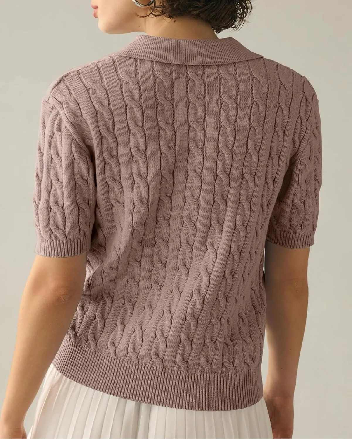 Imily Bela Women's Cable Short Sleeve Sweaters Tops Solid Lapel V Neck Knit Casual Soft Pullover Shirt