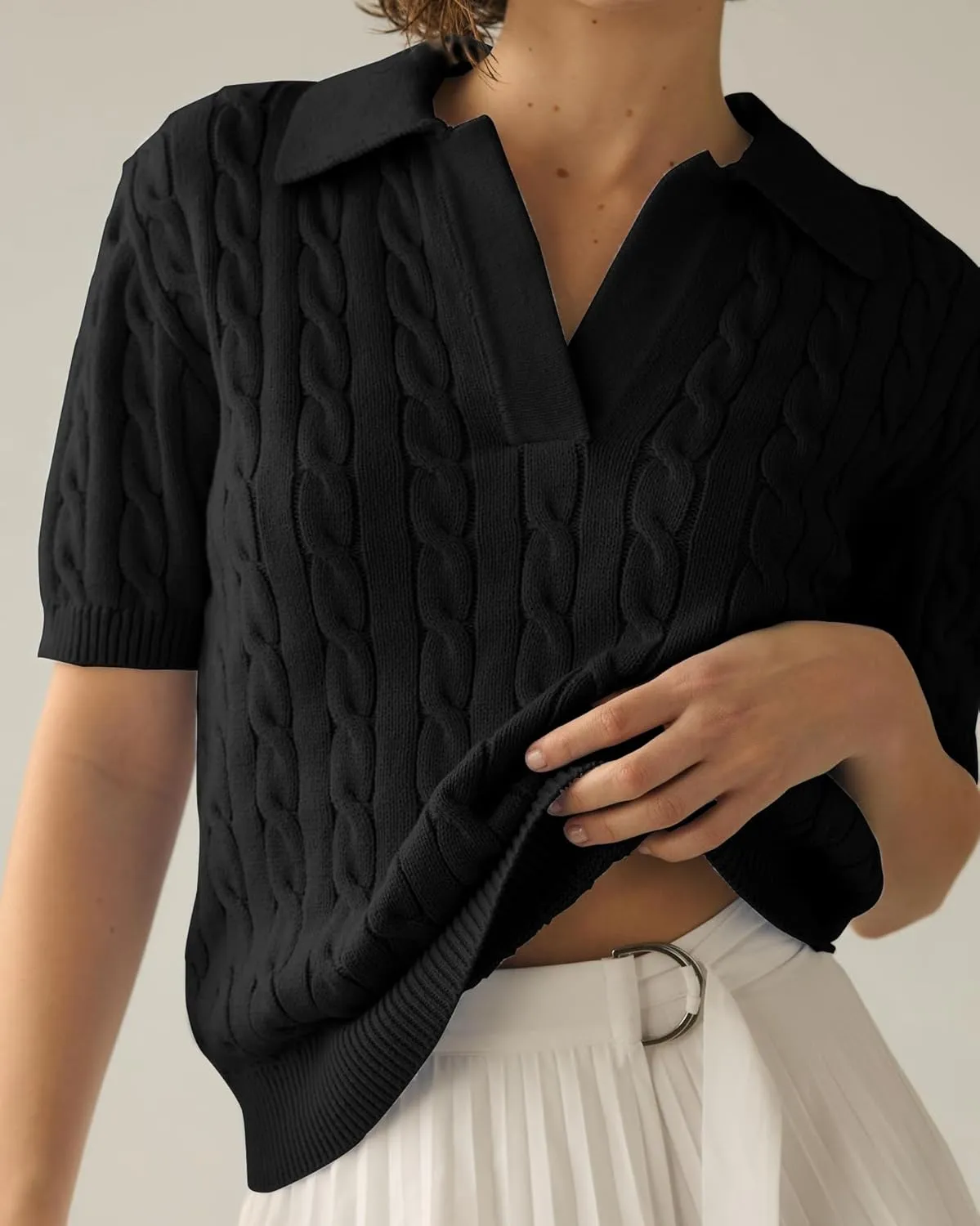 Imily Bela Women's Cable Short Sleeve Sweaters Tops Solid Lapel V Neck Knit Casual Soft Pullover Shirt