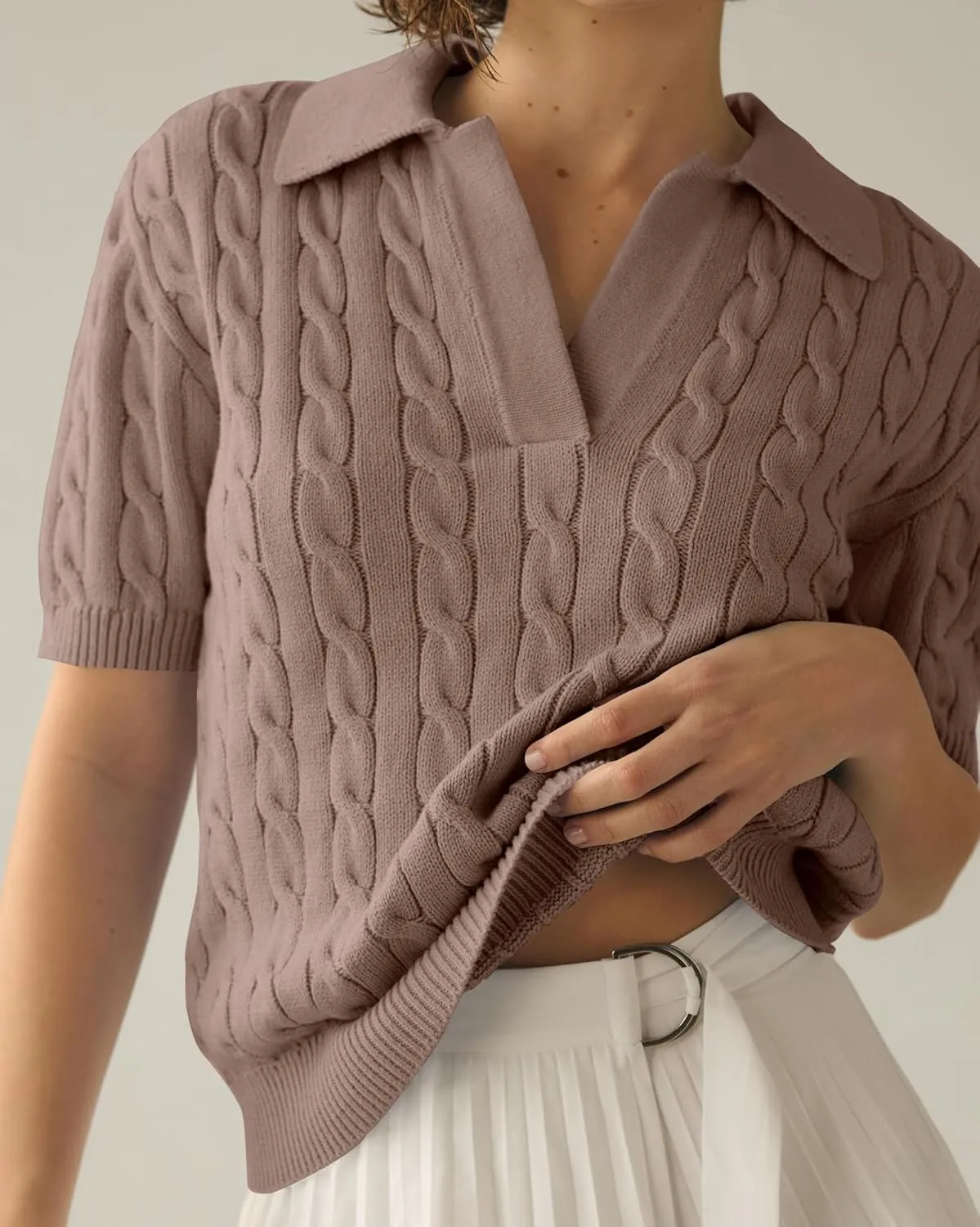 Imily Bela Women's Cable Short Sleeve Sweaters Tops Solid Lapel V Neck Knit Casual Soft Pullover Shirt