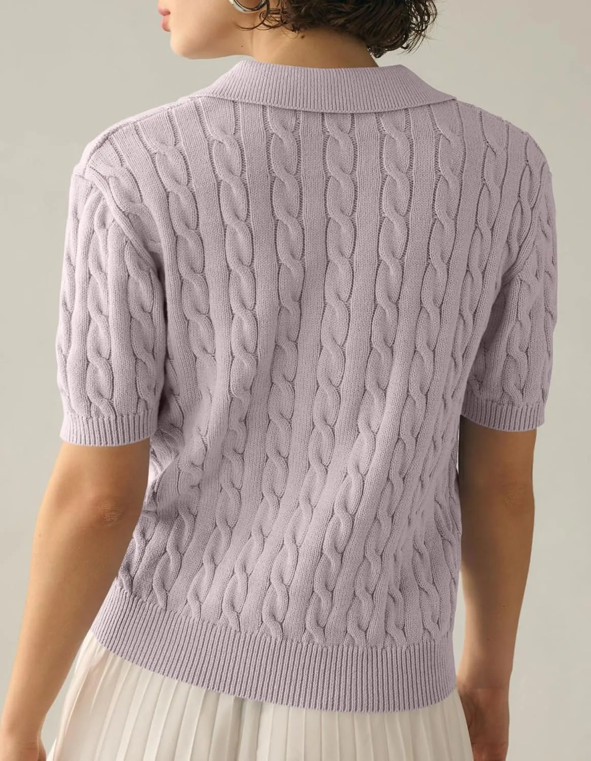 Imily Bela Women's Cable Short Sleeve Sweaters Tops Solid Lapel V Neck Knit Casual Soft Pullover Shirt