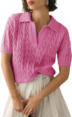 Imily Bela Women's Cable Short Sleeve Sweaters Tops Solid Lapel V Neck Knit Casual Soft Pullover Shirt