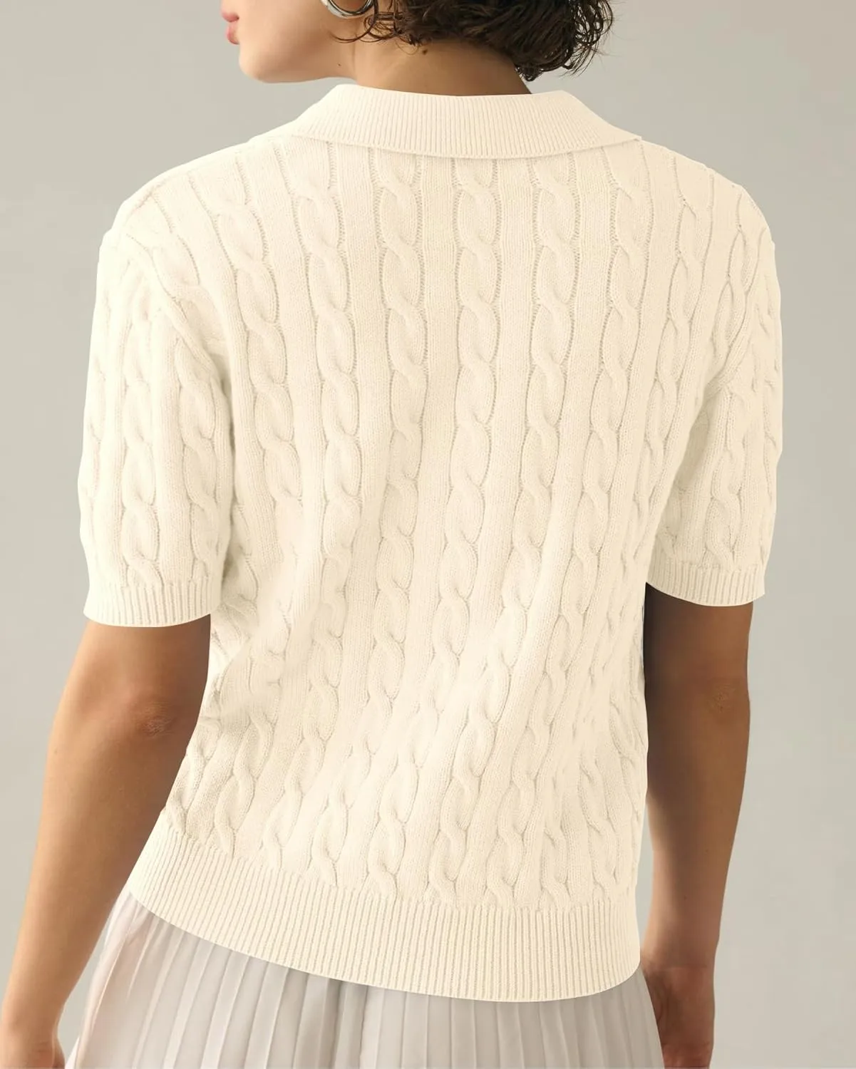 Imily Bela Women's Cable Short Sleeve Sweaters Tops Solid Lapel V Neck Knit Casual Soft Pullover Shirt