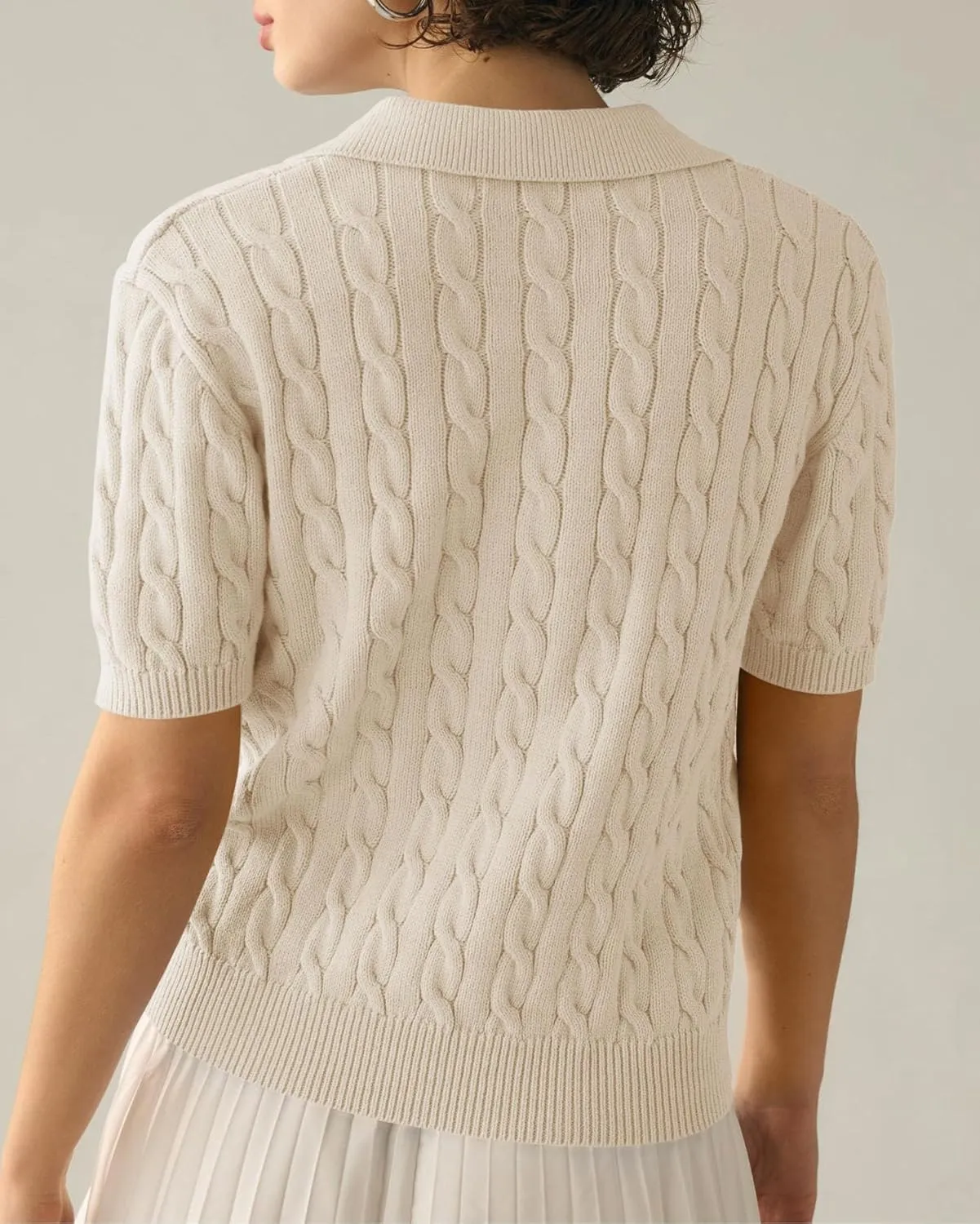 Imily Bela Women's Cable Short Sleeve Sweaters Tops Solid Lapel V Neck Knit Casual Soft Pullover Shirt