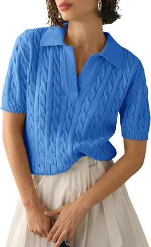 Imily Bela Women's Cable Short Sleeve Sweaters Tops Solid Lapel V Neck Knit Casual Soft Pullover Shirt
