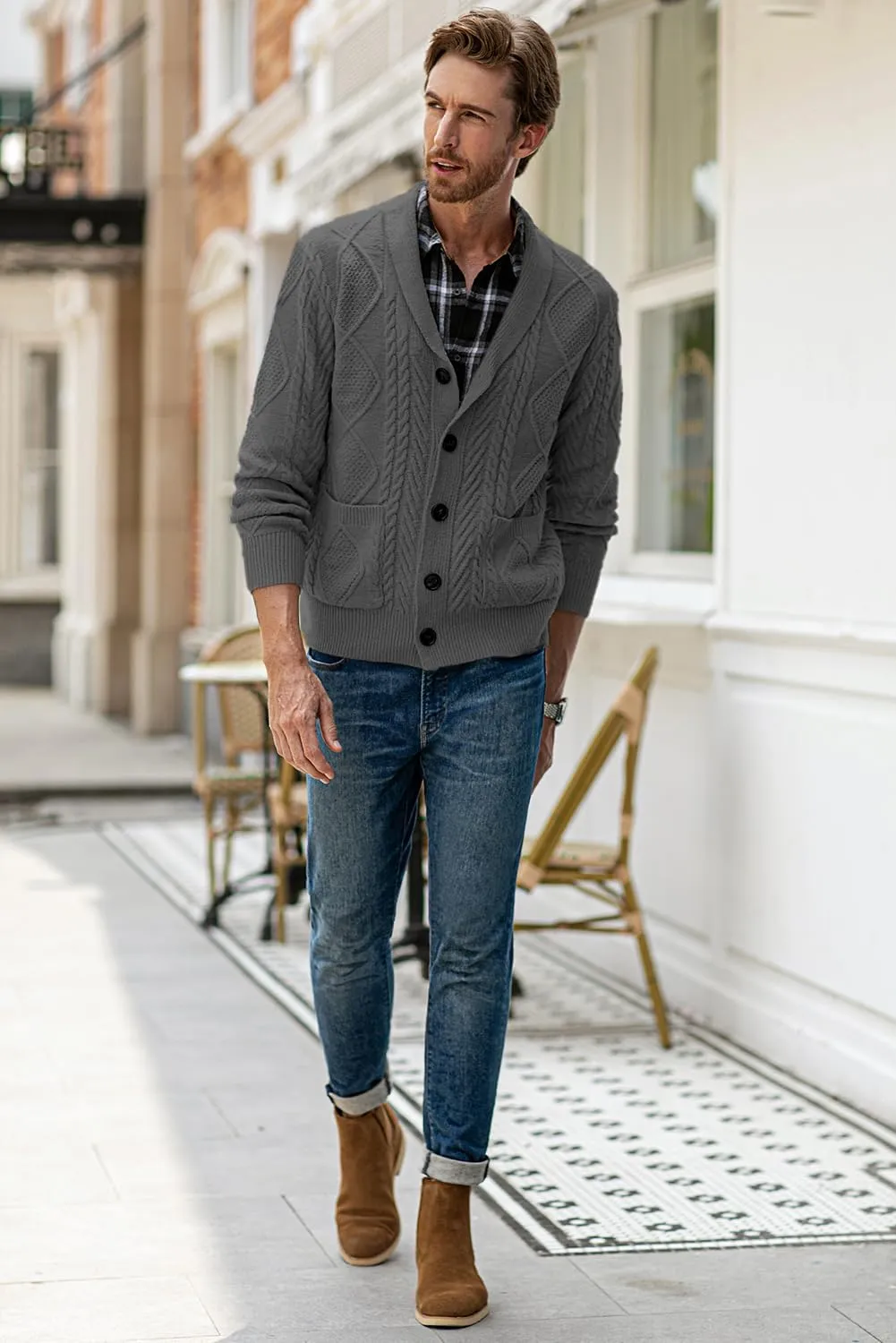 JMIERR Men's Casual Long Sleeve Shawl Collar Buttons Down Cable Knit Cardigan Sweater with Pockets
