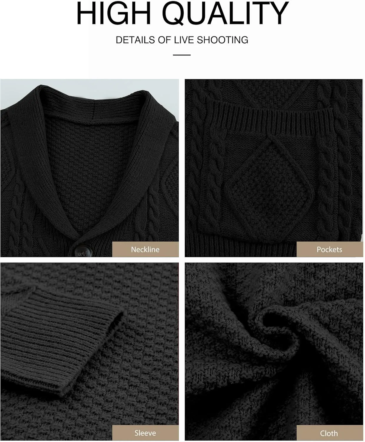 JMIERR Men's Casual Long Sleeve Shawl Collar Buttons Down Cable Knit Cardigan Sweater with Pockets