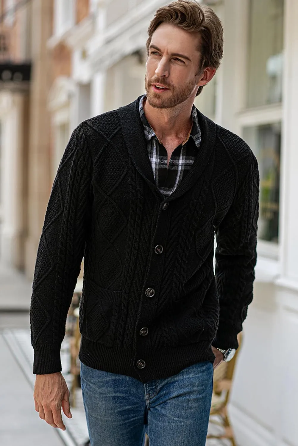 JMIERR Men's Casual Long Sleeve Shawl Collar Buttons Down Cable Knit Cardigan Sweater with Pockets