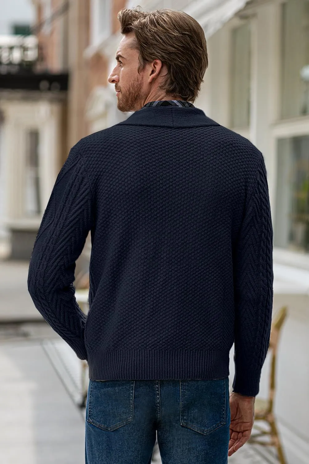 JMIERR Men's Casual Long Sleeve Shawl Collar Buttons Down Cable Knit Cardigan Sweater with Pockets