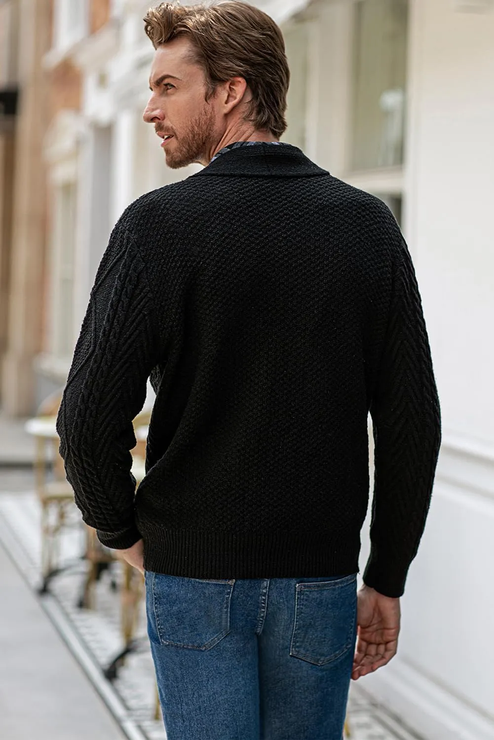 JMIERR Men's Casual Long Sleeve Shawl Collar Buttons Down Cable Knit Cardigan Sweater with Pockets