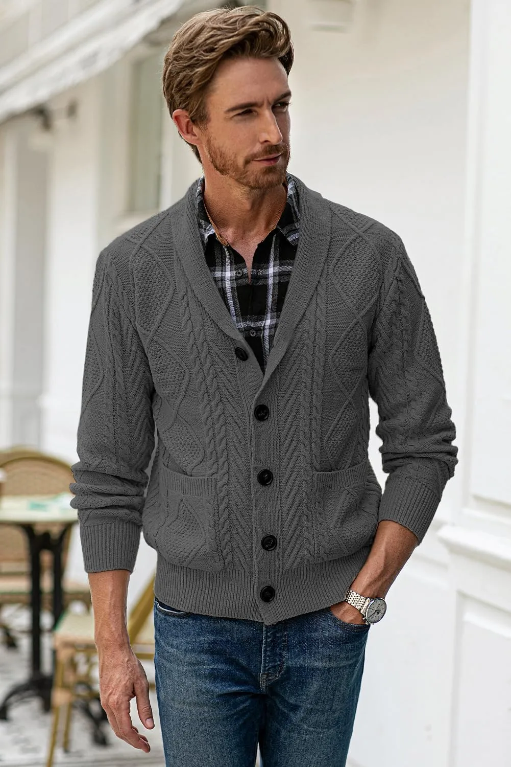 JMIERR Men's Casual Long Sleeve Shawl Collar Buttons Down Cable Knit Cardigan Sweater with Pockets