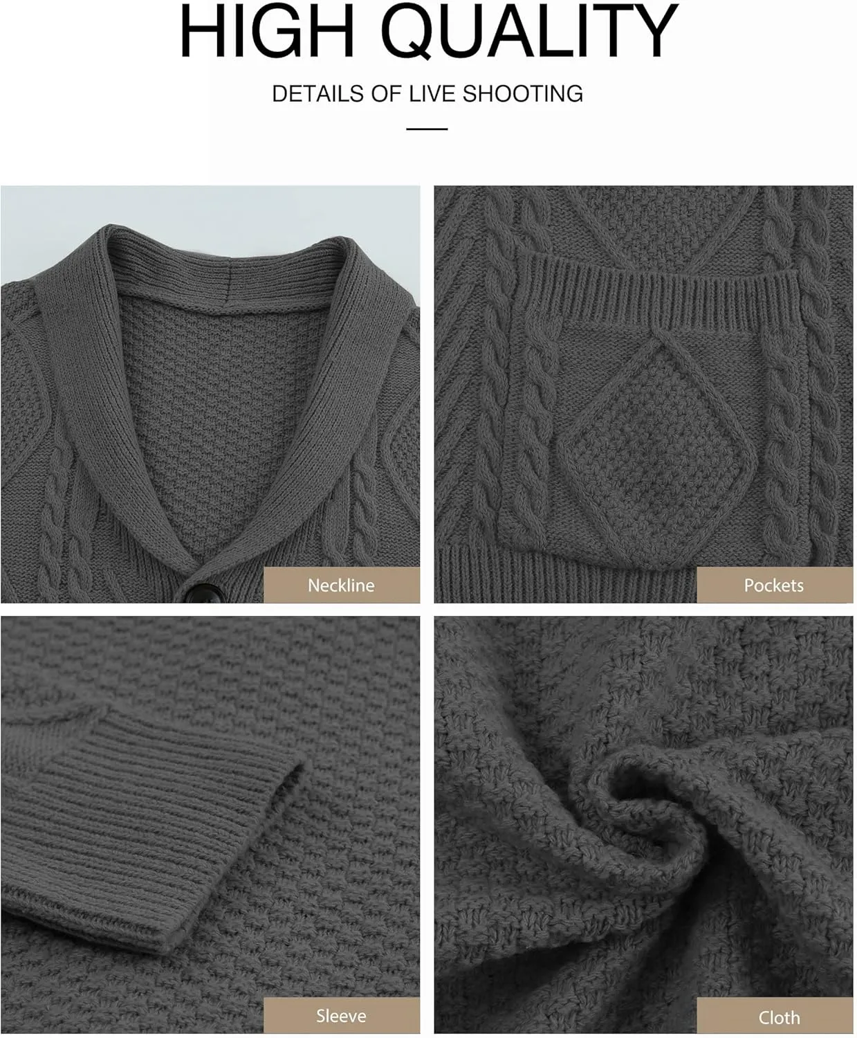 JMIERR Men's Casual Long Sleeve Shawl Collar Buttons Down Cable Knit Cardigan Sweater with Pockets