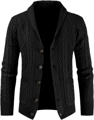 JMIERR Men's Casual Long Sleeve Shawl Collar Buttons Down Cable Knit Cardigan Sweater with Pockets