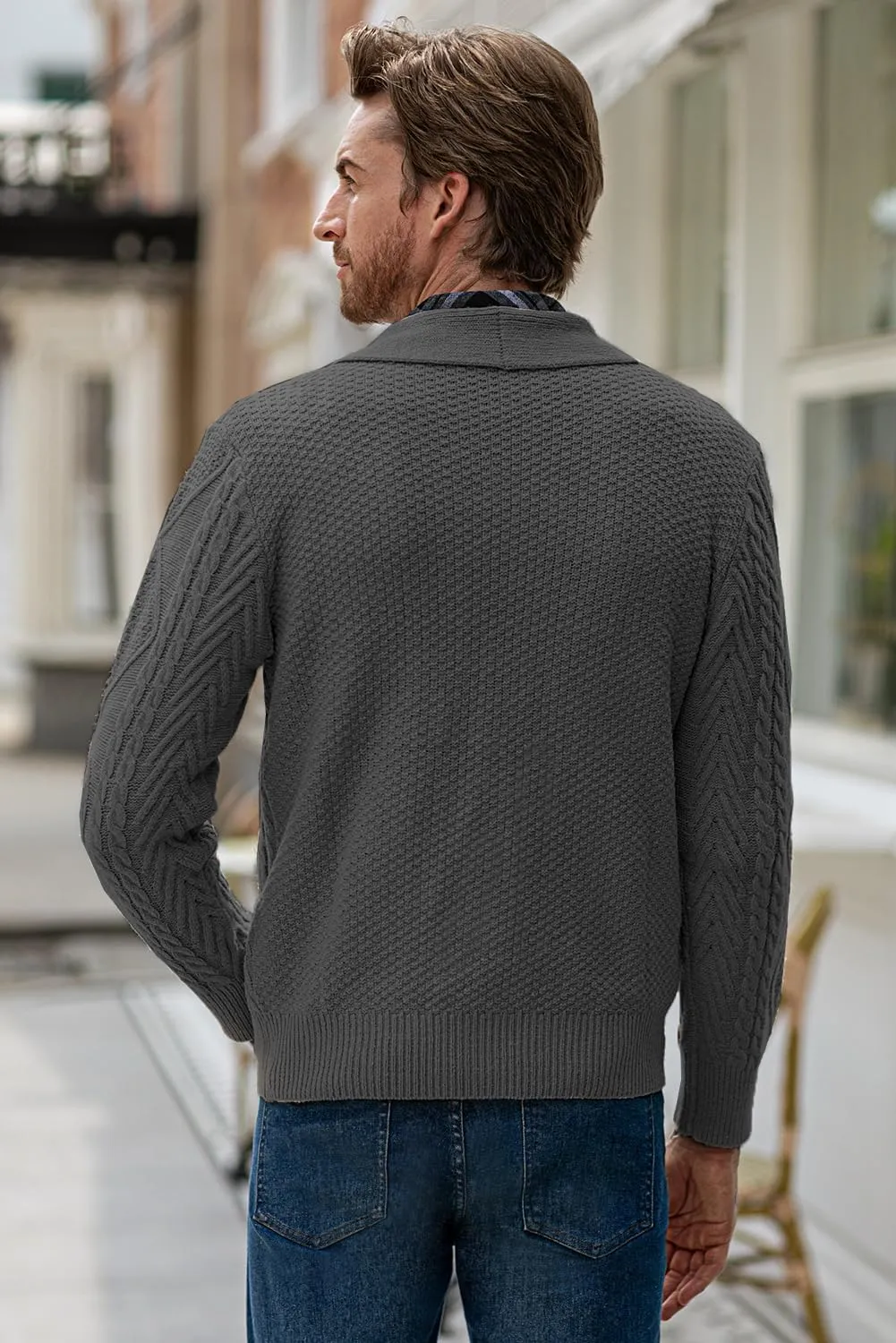 JMIERR Men's Casual Long Sleeve Shawl Collar Buttons Down Cable Knit Cardigan Sweater with Pockets