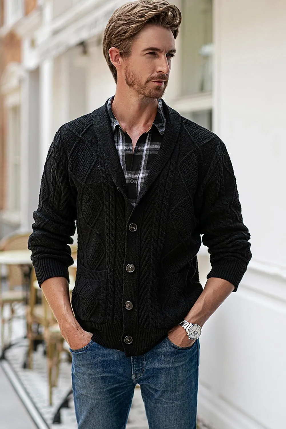 JMIERR Men's Casual Long Sleeve Shawl Collar Buttons Down Cable Knit Cardigan Sweater with Pockets