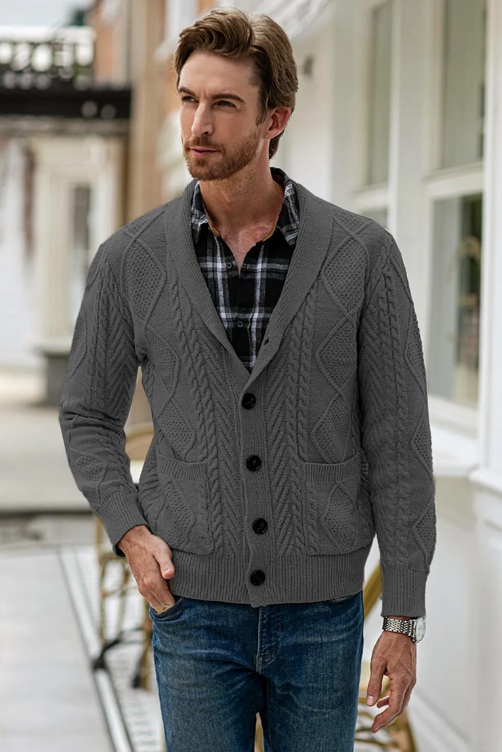 JMIERR Men's Casual Long Sleeve Shawl Collar Buttons Down Cable Knit Cardigan Sweater with Pockets