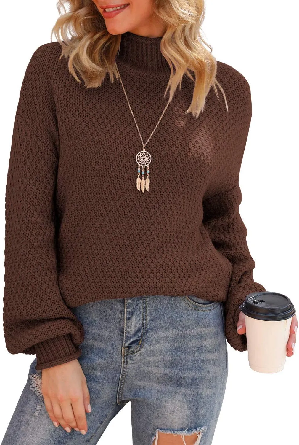 Jouica Women's Turtleneck Oversized Sweaters Batwing Long Sleeve Pullover Loose Chunky Knit Jumper