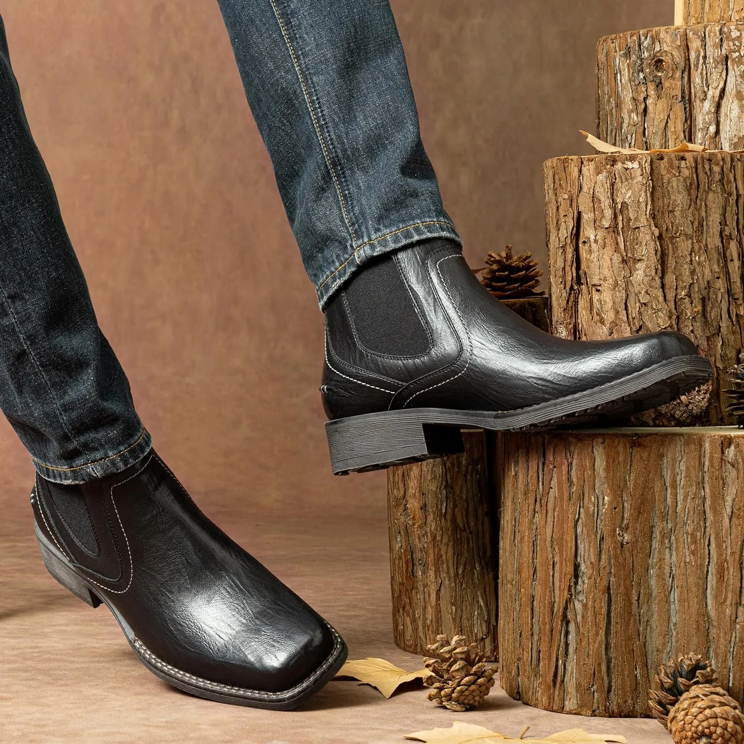Jousen Chelsea Boots Men Square Toe Ankle Mens Western Boots Casual Slip On Boots for Men