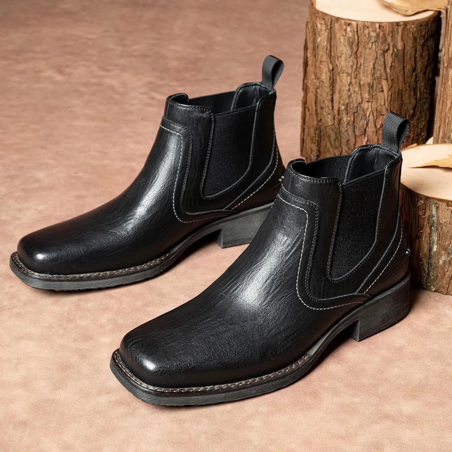 Jousen Chelsea Boots Men Square Toe Ankle Mens Western Boots Casual Slip On Boots for Men
