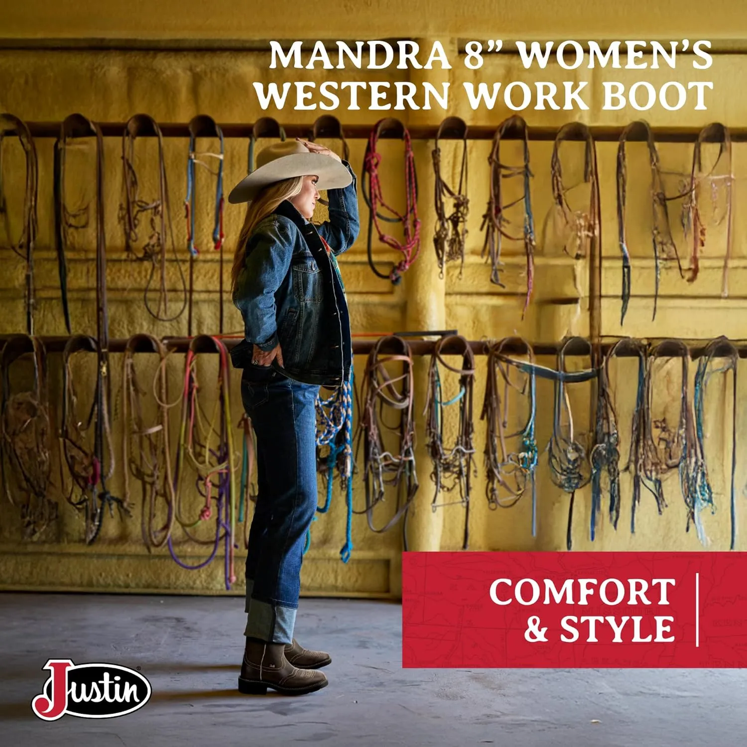 Justin Mandra 8” Western Boots for Women - Durable Cowhide Leather Square Toe Cowgirl Boots with Vivid Stitching, J-Flex Comfort & Non-Slip Outsoles