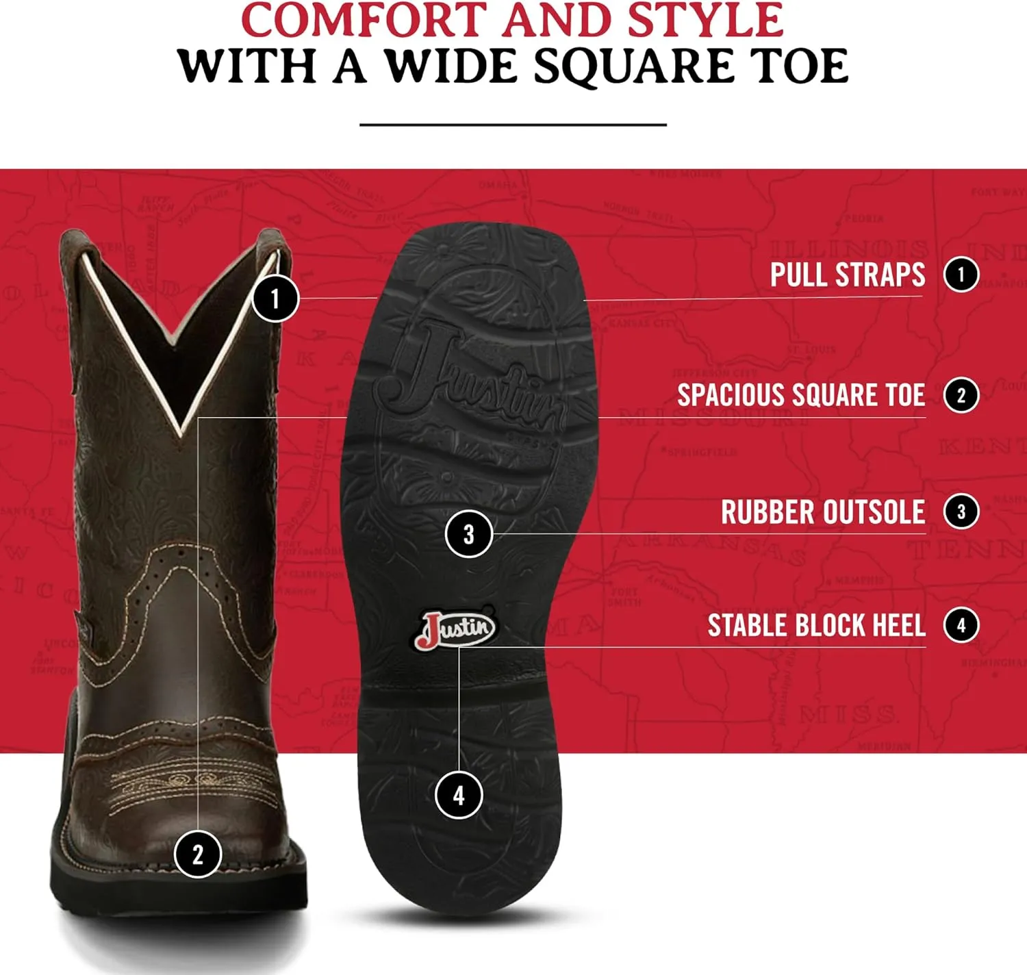 Justin Mandra 8” Western Boots for Women - Durable Cowhide Leather Square Toe Cowgirl Boots with Vivid Stitching, J-Flex Comfort & Non-Slip Outsoles